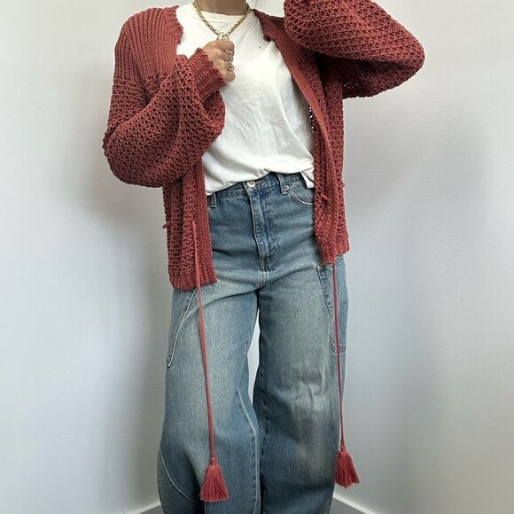 360 Sweater Italian Yarn Chunky Knit Open Front Tassel Tie Waist Cardigan S - Picture 6 of 14